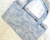 reusable grocery bag eco-friendly recycled pale blue & white print paisley print - LeahsHeart