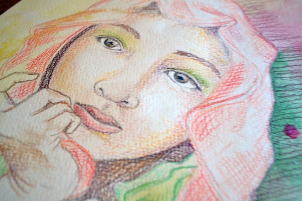Girl with head scarf face study in mixed media tea and watercolor 11x14