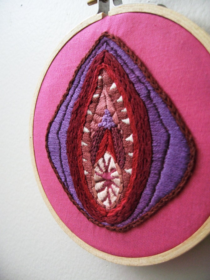 Hand Embroidered Vagina Art - Vagina Dentata in Purple and Pink - Mature - Free Shipping to any USA Location