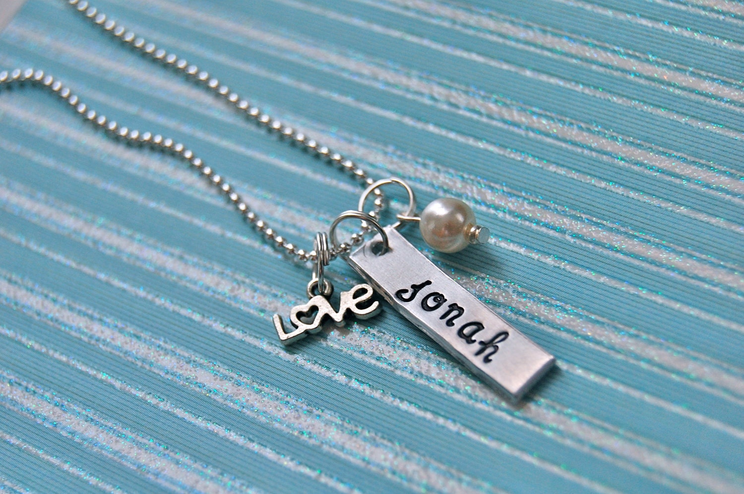 tag, love charm, and pearl, personalized initials or name, handstamped necklace