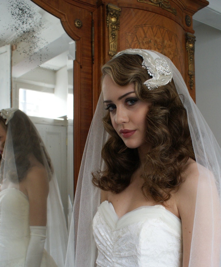 Silk Wedding veil and Art Deco Headpiece. Silver Screen Goddess, 1930s Veil, Juliet cap veil, 1940s Headpiece,1950s Headpiece
