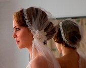 Ivory Juliet Cap with Wedding Veil in English Silk tulle, lovely lace edge and Vintage Bridal Hair Flower