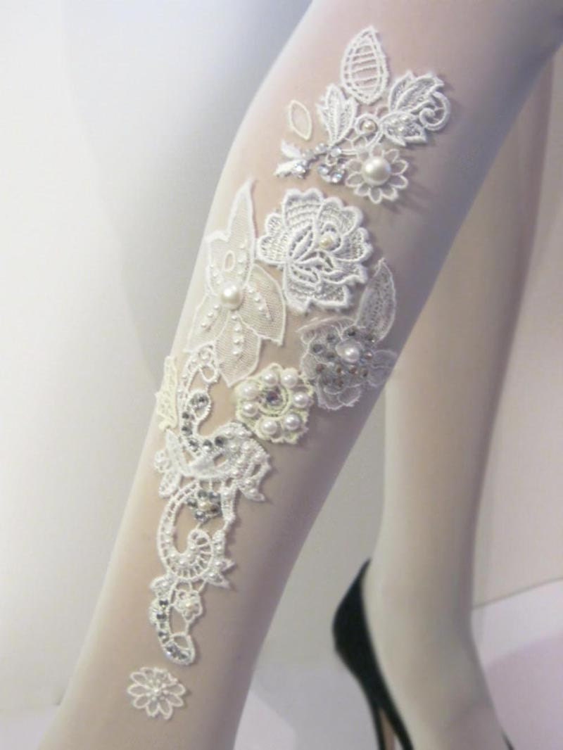 Bridal floral lace and Pearls TATTOO Tights - Pantyhose- colour Matt Ivory- Emma Jewel
