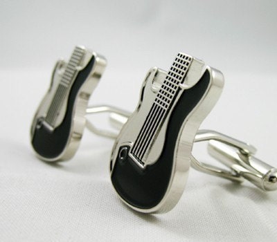 Mens Cufflinks- Fashion Cufflinks, Silver and Black Guitar Design