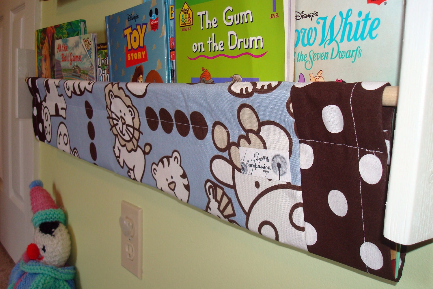 Reserved for Angela - Jungle Nursery Storage - Giraffe, Lion, Cow Blue Khaki Brown White Mist Putty - shelf