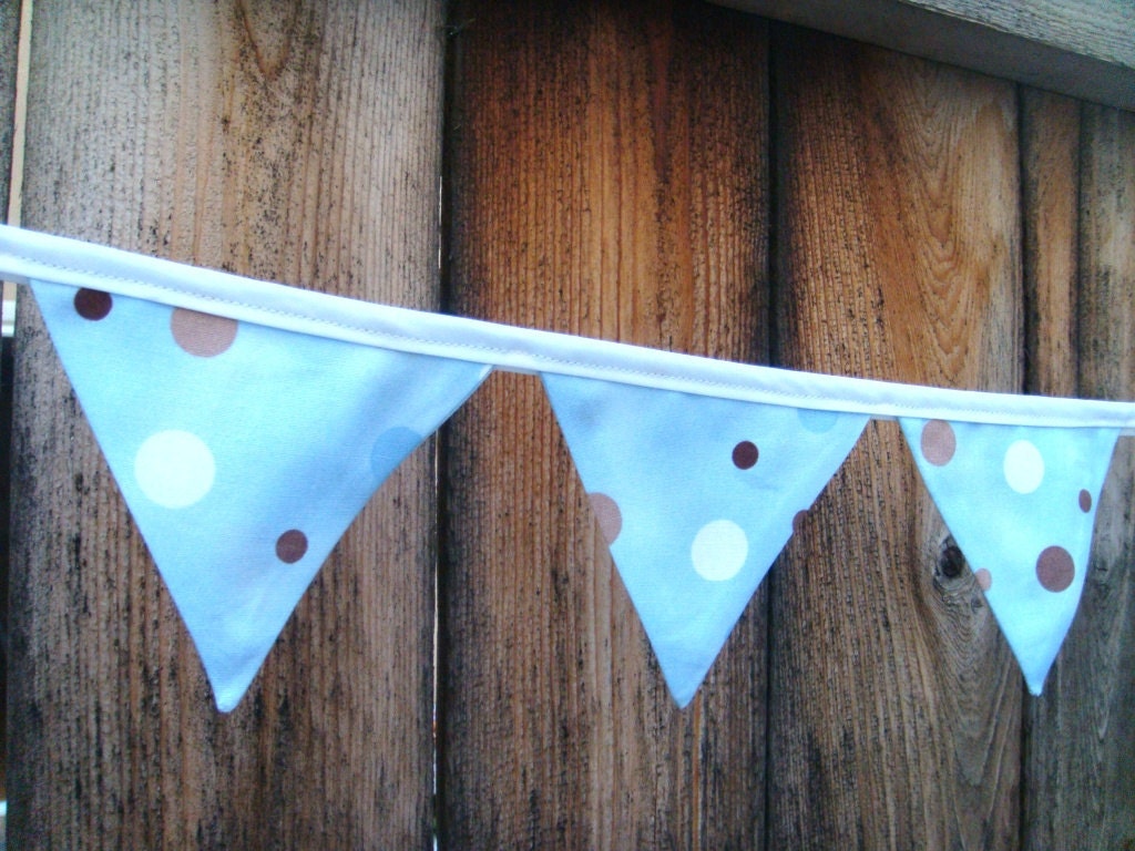 Light Blue with Brown White and Blue Dots Fabric Pennant Banner