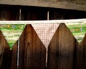 Green Transportation Theme with Tan and White Gingham Fabric Pennant Banner - Cars, Bus, Airplane