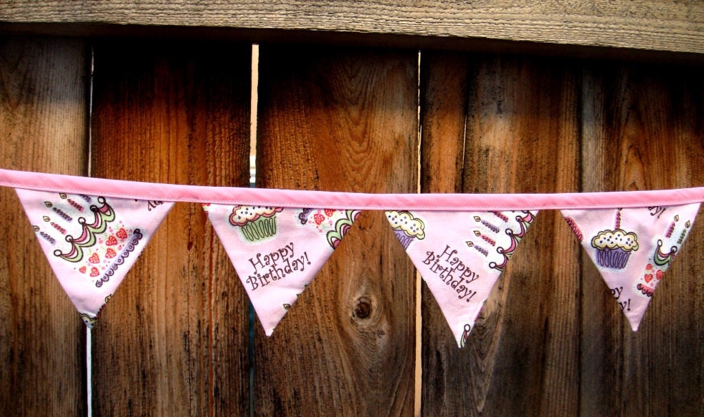 Pink Happy Birthday Cake and Cupcake Glitter Pennant Fabric Banner - Ready to Ship