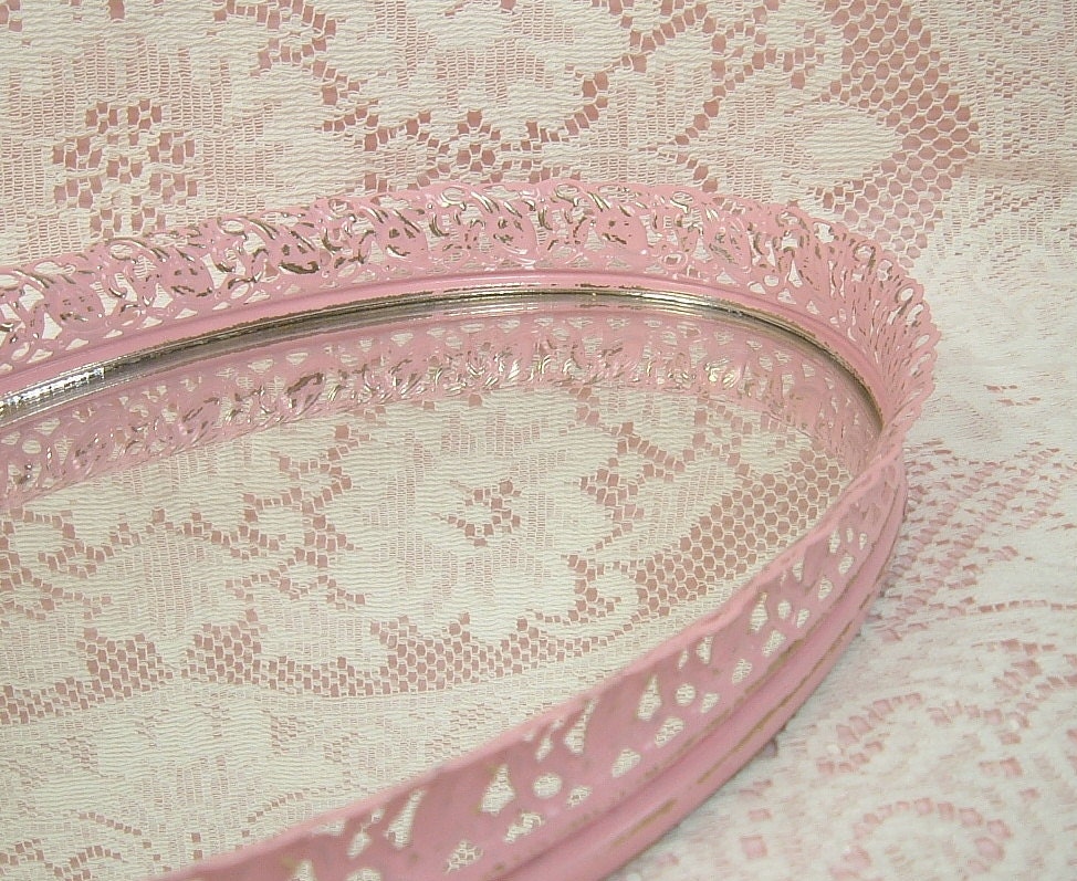 Vintage Vanity Mirror Shabby Chic Pink Ornate Lacy Filigree Frame Home Decor