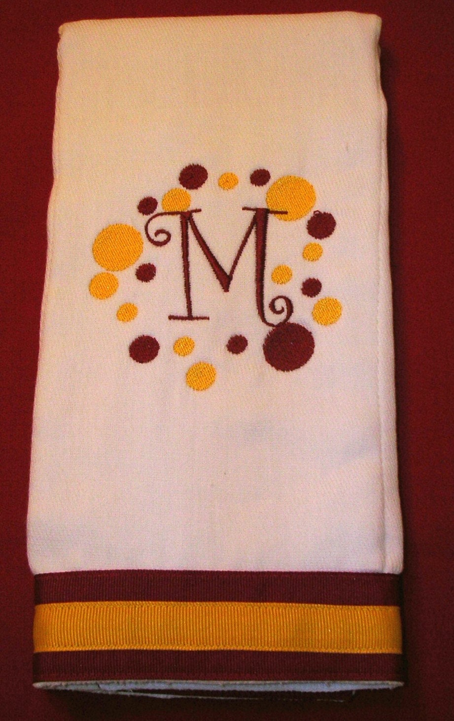 Initial Burp Cloth with Garnet and Gold Polka Dots