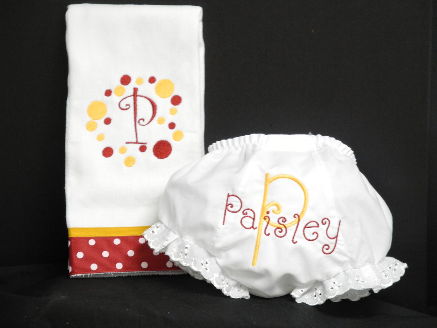 Personalized Burp Cloth and Diaper Cover Set Garnet and Gold