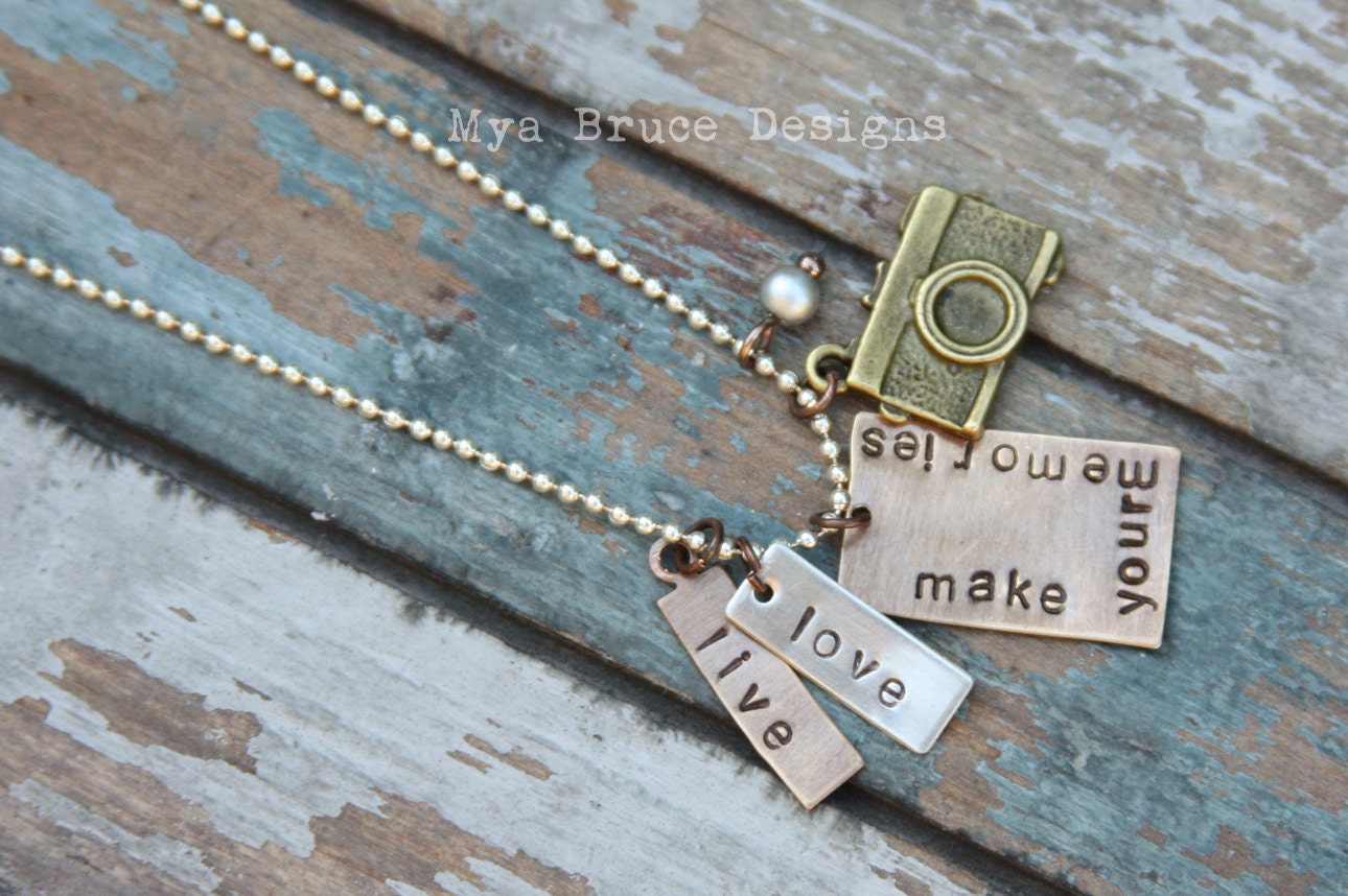 Mixed metal necklace for Photographer or life-moment-catcher ---- Live Love. Make your Memories