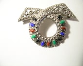 Vintage Bow Brooch semi precious stones silver tone