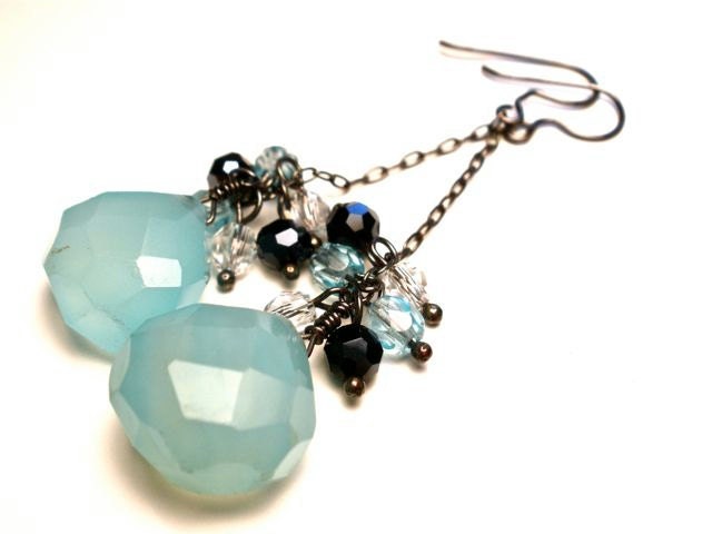 Dangling Blue Chalcedony Earrings with Swarovski Crystals