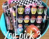 Reusable Ecofriendly Snack Bag -  YOU PICK Set of 3 - Fast Ship - chevron - russian dolls - mustaches - robots - dinosaurs - owls