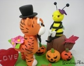 Custom Halloween Tiger & Bee Love Wedding Cake Topper with Jack-O-Lanterns for Fall Wedding