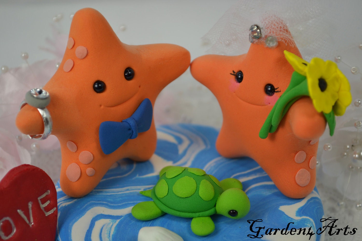 Custom Starfish Love Wedding Cake Topper with Ocean base-for Summer Beach Wedding--NEW