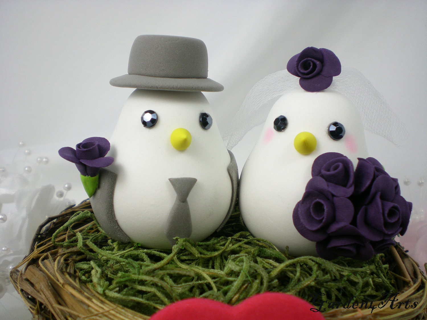 Custom Love Birds Wedding Cake Topper with Sweet Nest - the Bride Hold a Yellow Rose Bouquet(Choice of Color)