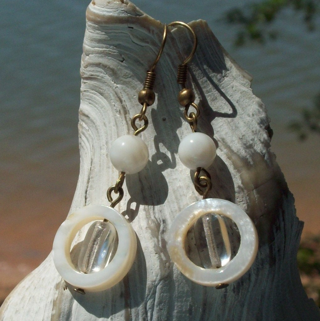 Pina Colada Earrings - white shell - glass - dangle beach island SALE
