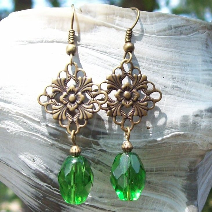 Fresh Cut Grass Earrings - green faceted glass, antique brass filigree, dangle SALE