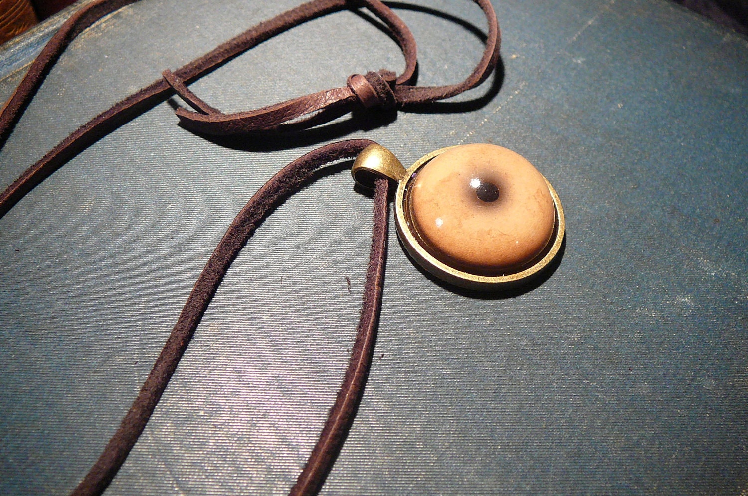 Large Zombie eye Necklace (Tan eye in antique brass bezel)
