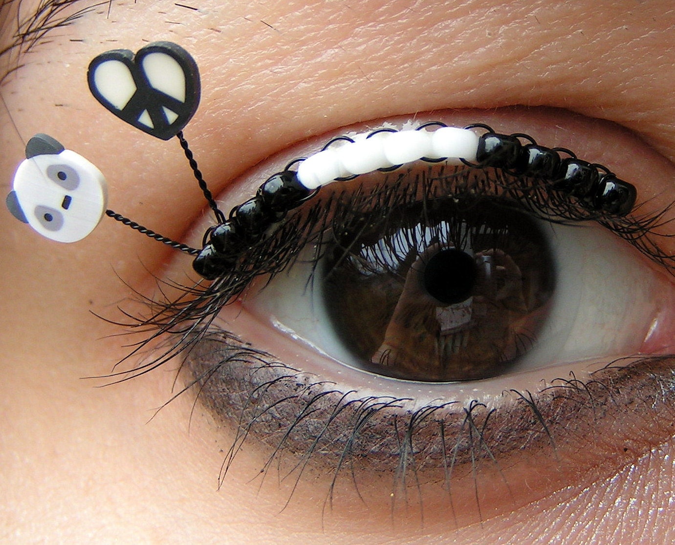 Peace Love and Pandas Eyelash Jewelry - black and white beaded rave kandi false eyelashes