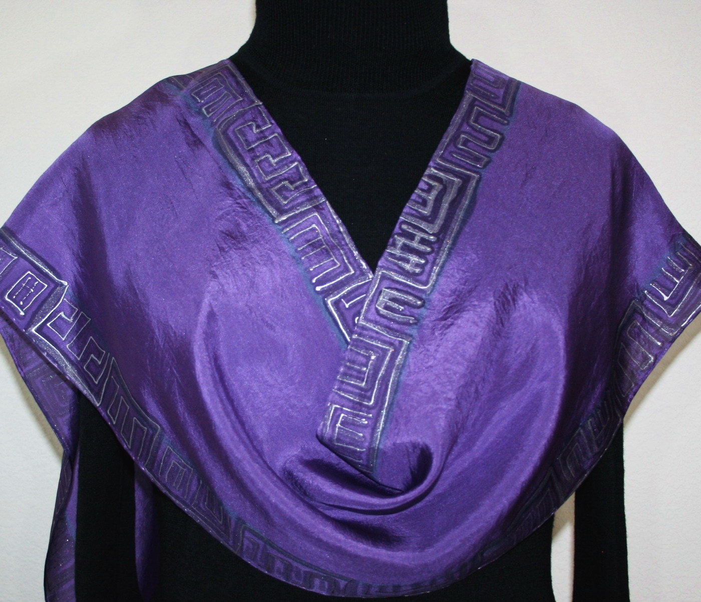 Purple Greek Hand Painted Silk Scarf. Silk Scarf in Purple. Size 11x60. Made in Colorado. 100% silk. Made to order.