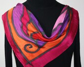 Hand Painted Silk Scarf Tahitian Dance. Silk Scarf in Pink, Purple & Orange. Size 21x21. Made in Colorado. 100% silk. MADE TO ORDER.