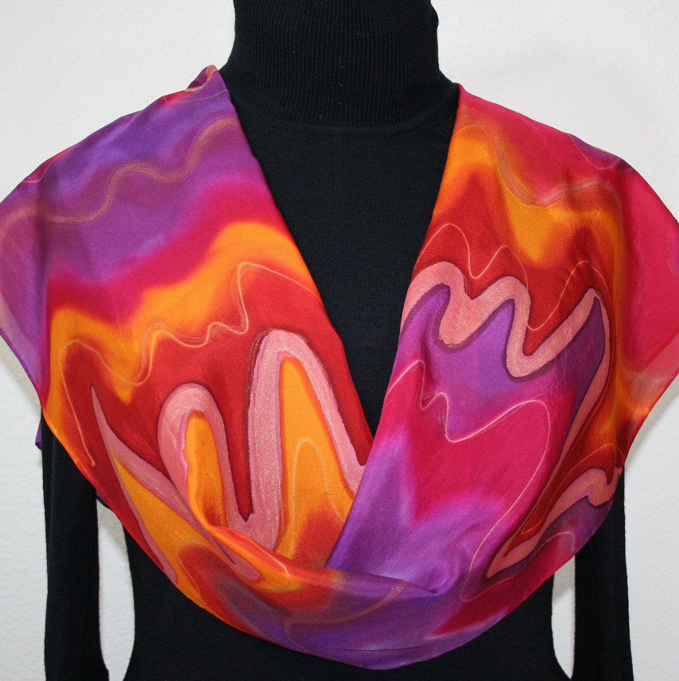 Hand Painted Silk Scarf Spice Girl. Silk Scarf in Red, Orange and Purple. Size 11x60. Made in Colorado. 100% silk. MADE TO ORDER.