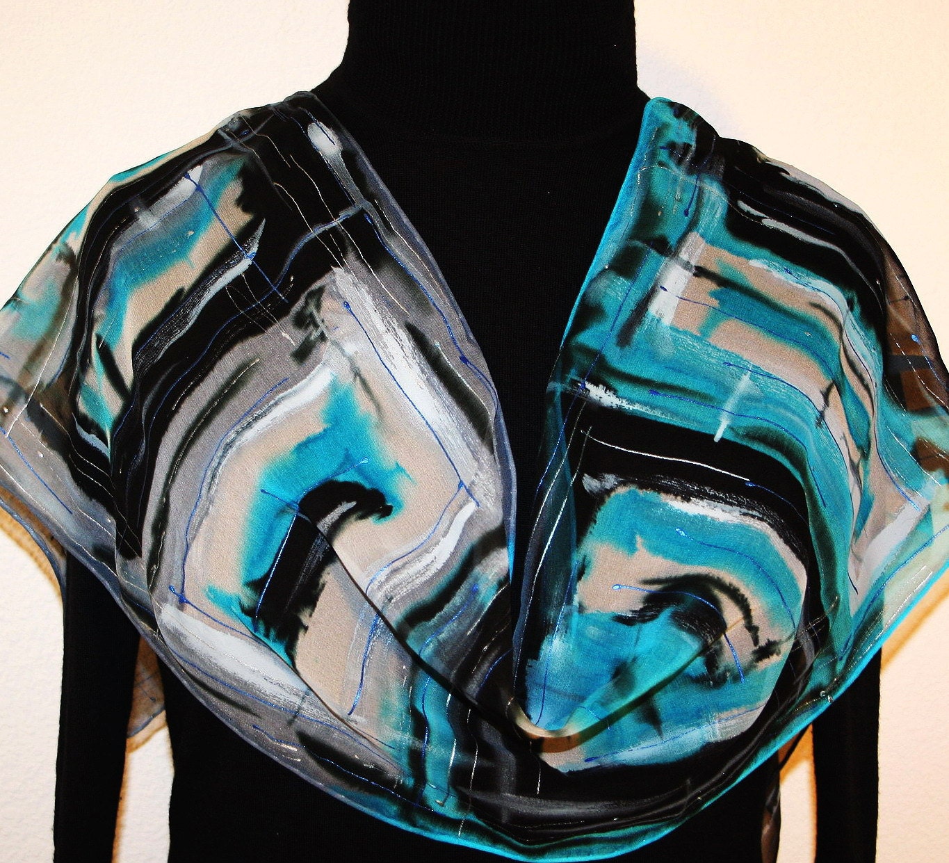 Hand Painted Silk Scarf Frosted Glass. Scarf in Grey, Turquoise and Black. Size 11x60. Made in Colorado. 100% chiffon silk. Made to order.