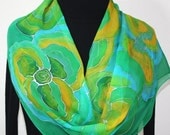 Hand Painted Silk Scarf Green Memories. Scarf in Green, Yellow, Turquoise. Extra LONG 11x90. Made in Colorado. 100% silk. MADE to ORDER.