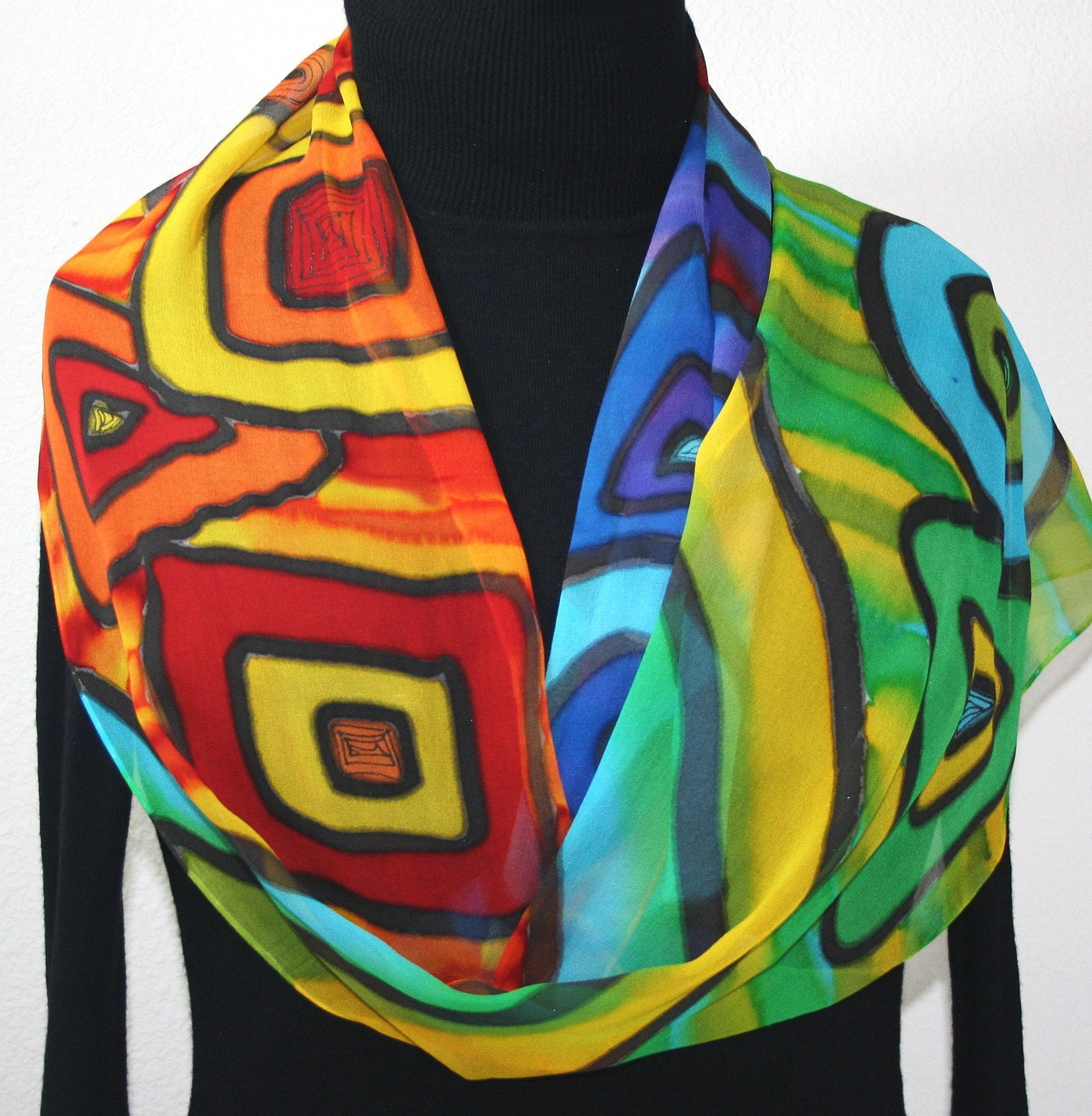Hand Painted Silk Scarf Bright Side. Silk Scarf in Red, Blue, Green. Extra LONG 11x90. Made in Colorado. 100% chiffon silk. MADE to ORDER.