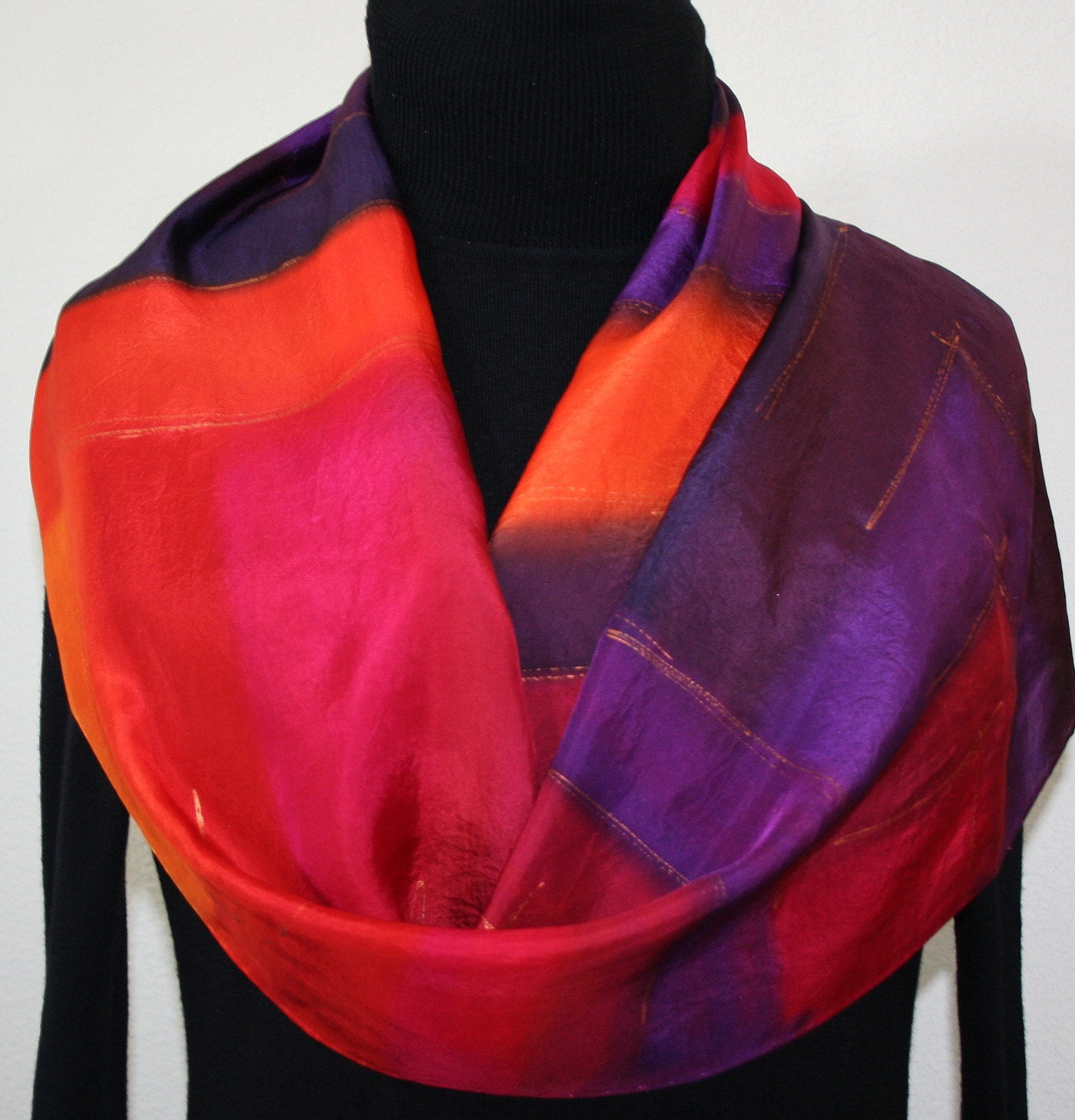 Hand Painted Silk Scarf Summer Sunshine. Silk Scarf in Red, Orange, Purple. Size 11x60. Silk Scarves Colorado. 100% silk. Made to order.