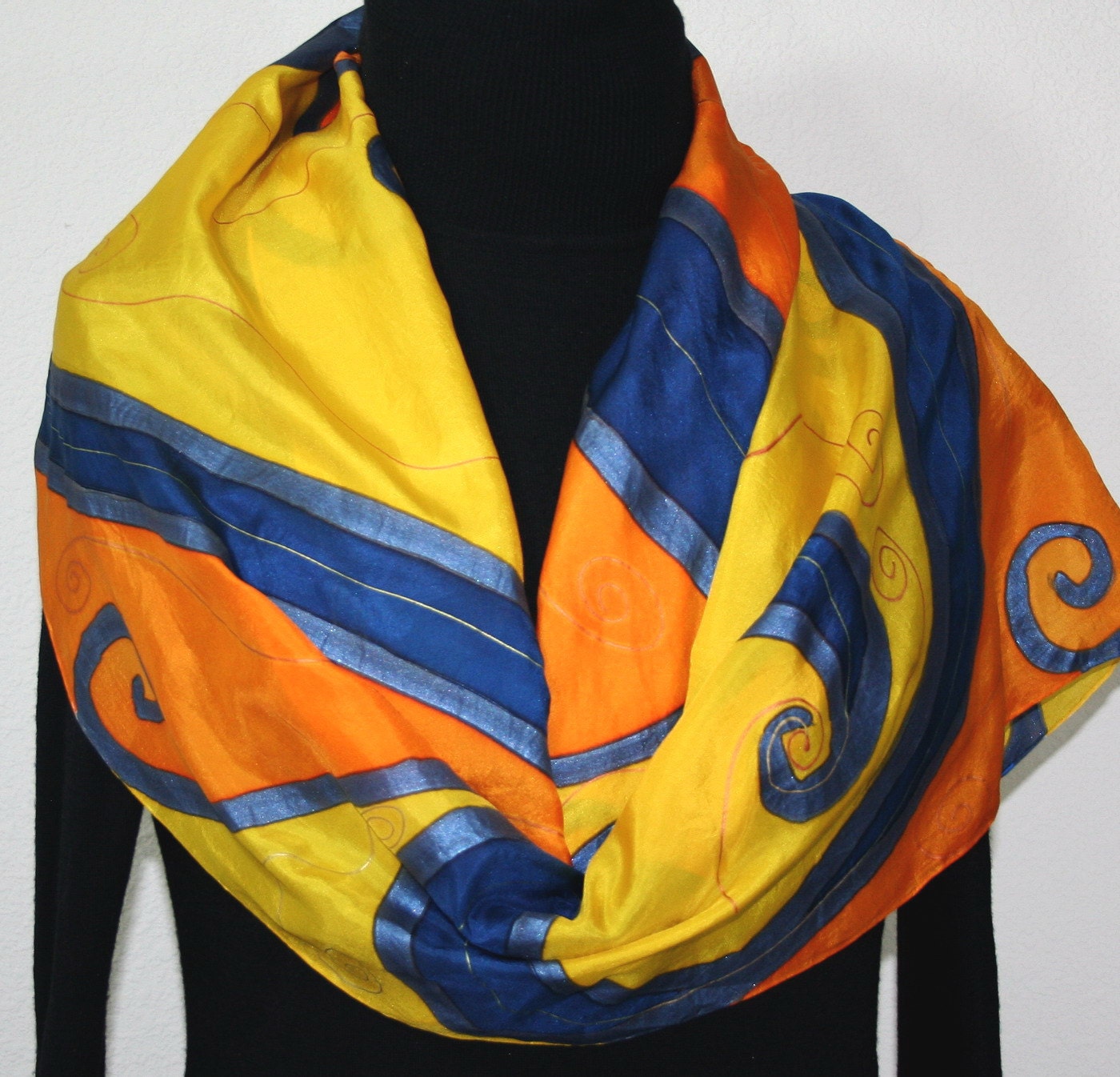 Hand Painted Silk Scarf Sunny Waves. Silk Scarf in Yellow, Orange and Blue. Size 14x70. Made in Colorado. 100% silk. MADE TO ORDER.