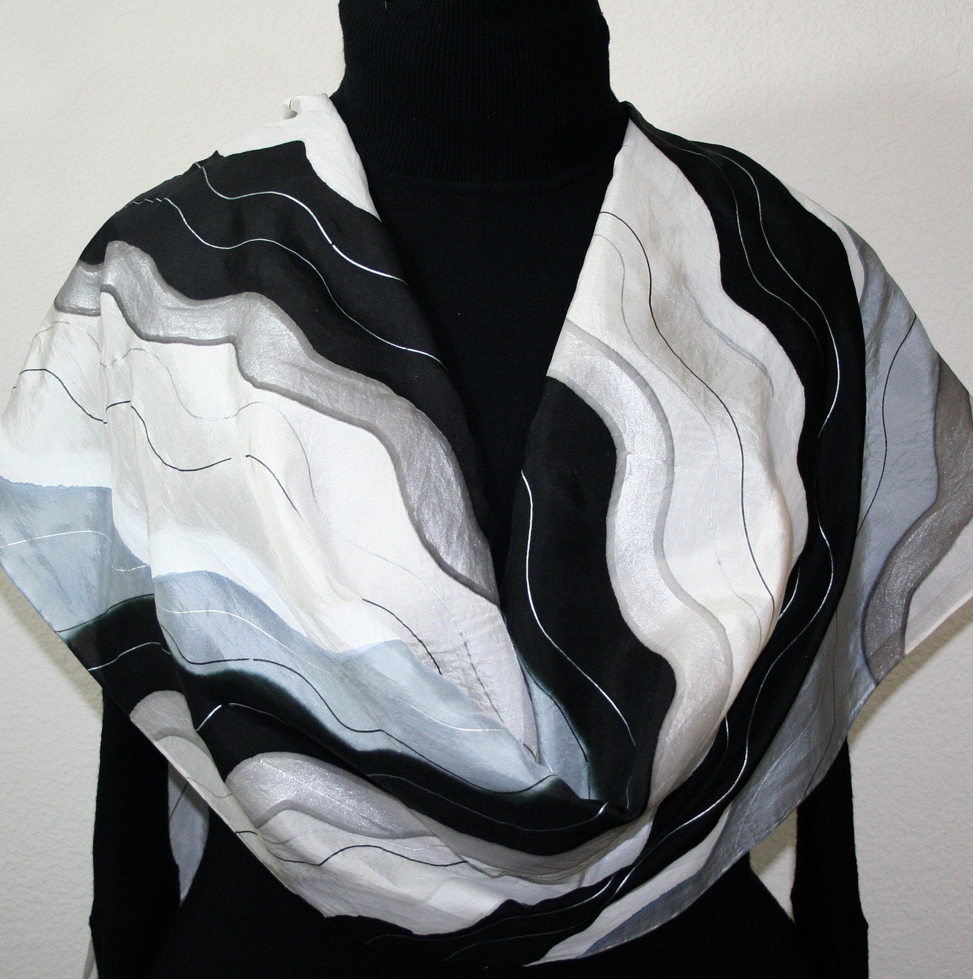 Hand Painted Silk Scarf Ice Queen. Silk Scarf in Black, White, Silver Gray. Extra Large 21x90. Made in Colorado. 100% silk. Made to order.