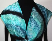 Hand Painted Silk Scarf Cloudy Skies. Silk Scarf in Teal, Turquoise and Black. Size 8x52. Made in Colorado. 100% silk. MADE TO ORDER