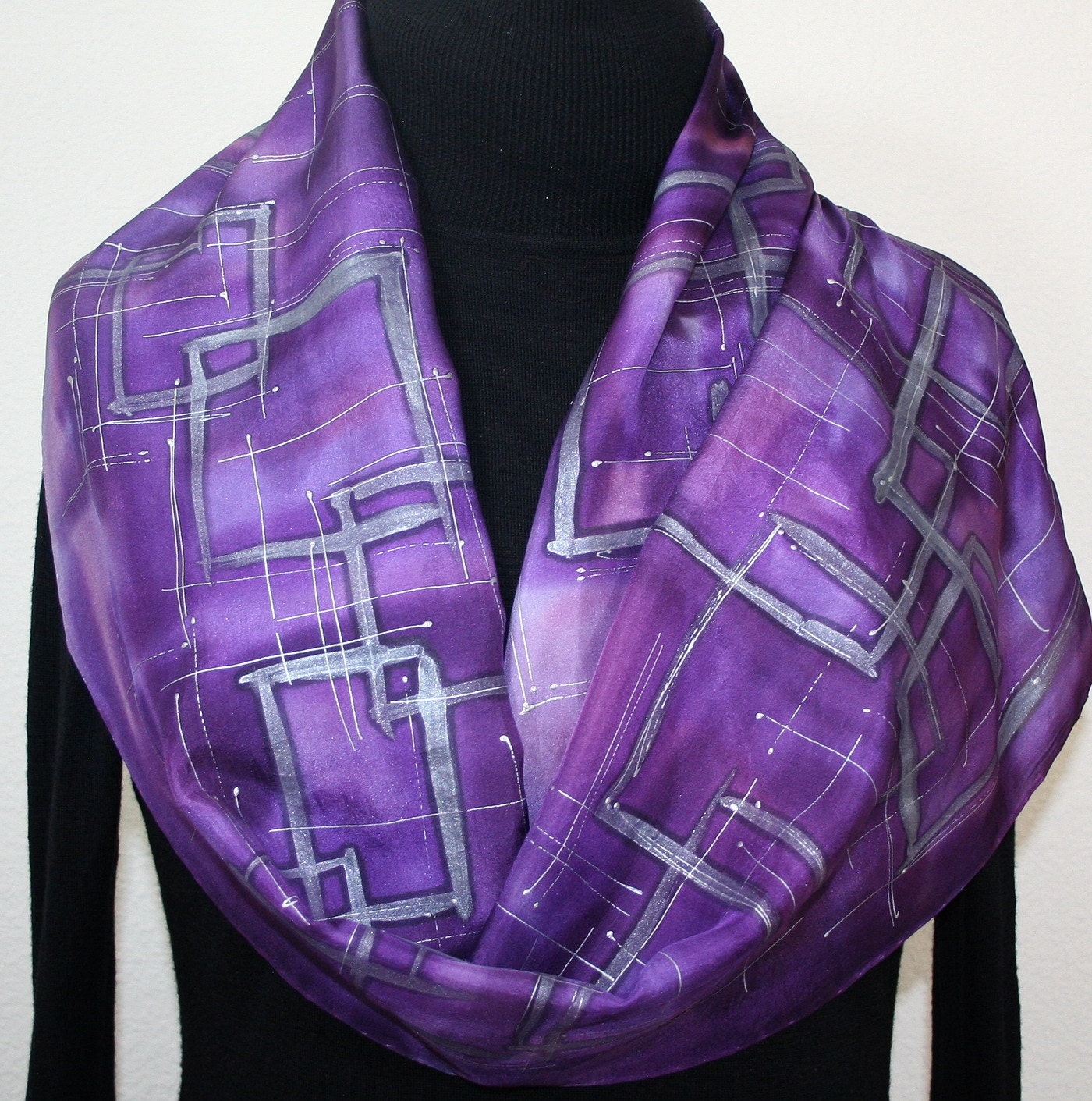 Hand Painted Silk Scarf Violet Memories. Silk Scarf in Purple, Violet, Lavender. Size 11x60. Made in Colorado. 100% silk. Made to Order.