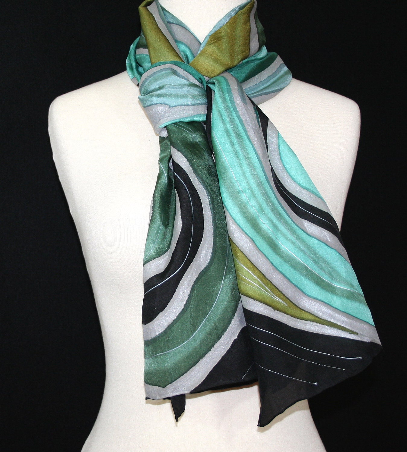 Green Hand Painted Silk Scarf. Forest Tales Scarf in Steel Green and Black. Size 14x70. Silk Scarves Colorado. 100% silk. Made to order.