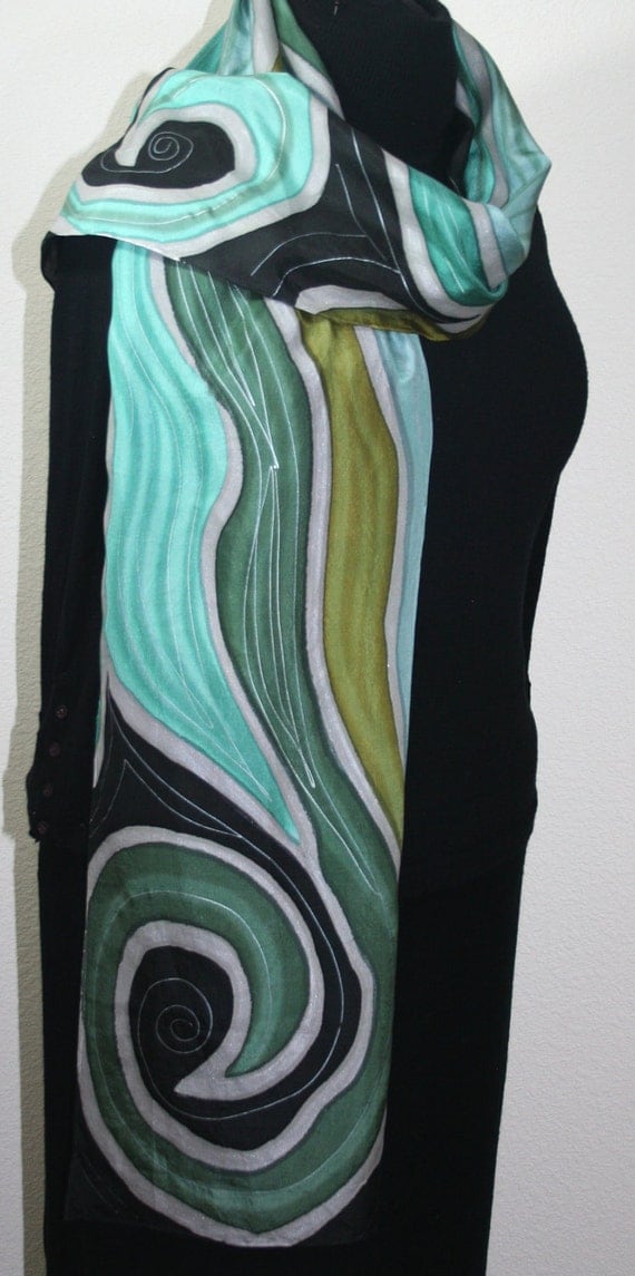 Green Hand Painted Silk Scarf. Forest Tales Scarf in Steel Green and Black. Size 14x70. Silk Scarves Colorado. 100% silk. Made to order.