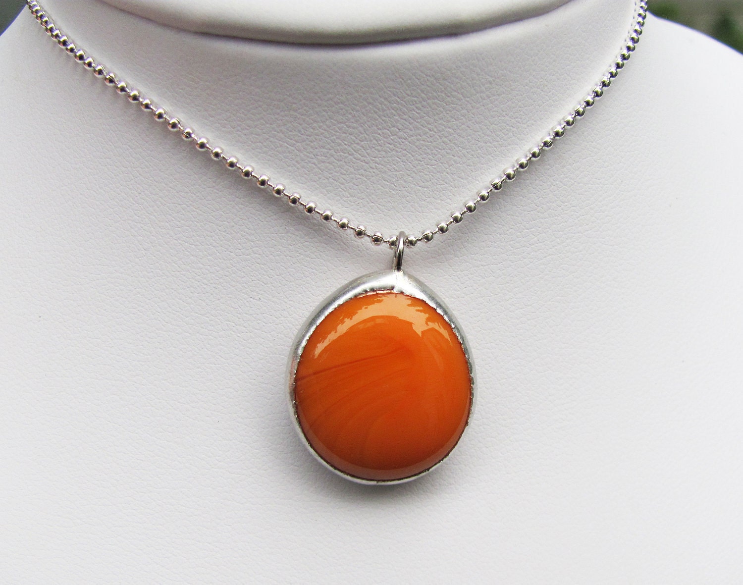 Pumpkin Orange  Glass Pendant Necklace on a silver tone chain Spooky Halloween
