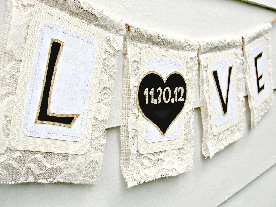 LOVE & DATE Ivory Cream Burlap and Lace Wedding Banner in Rustic Chic Style