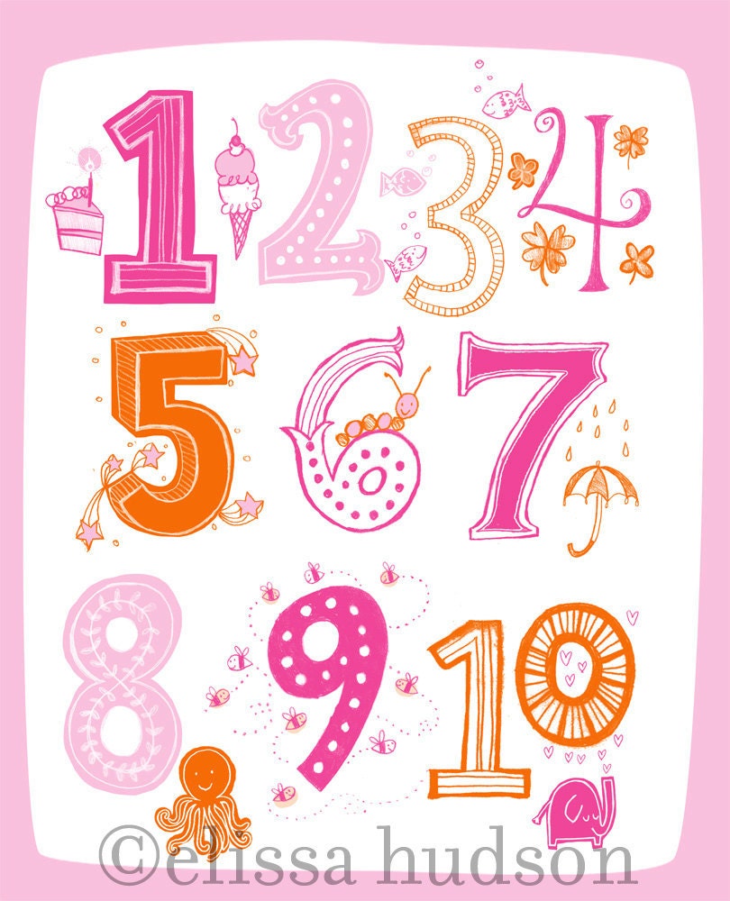 Illustrated Numbers Wall Art Print Count to 10 Pink Orange