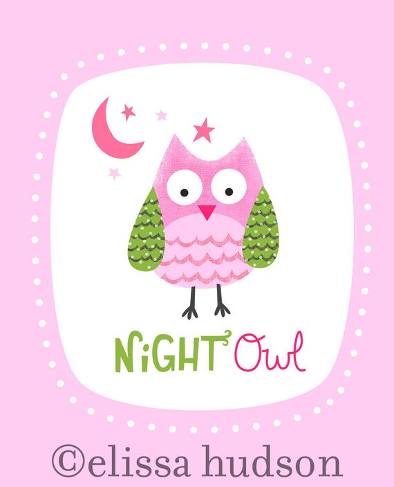 Night Owl Nursery Wall Art Print- Pink