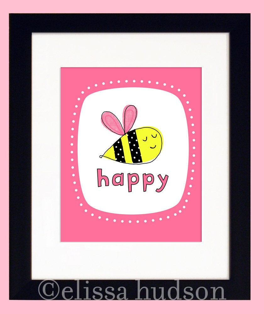 Bee Happy Wall Art Print- Pink