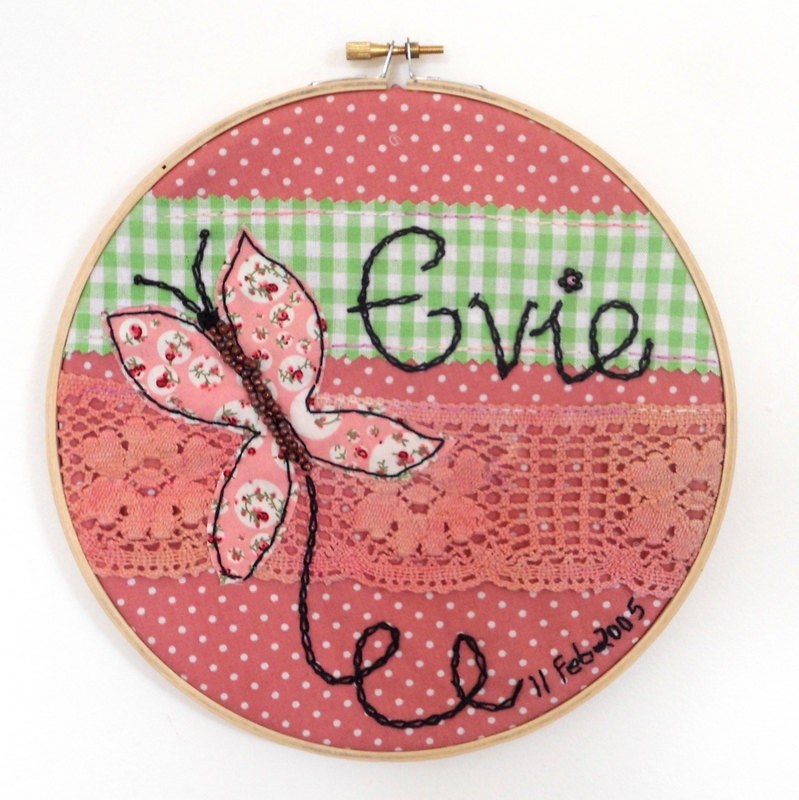 Embroidery hoop children's child's art home decor wall hanging - personalize name baby birth date