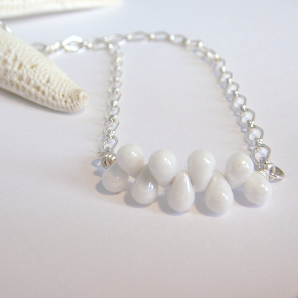 White Beaded Necklace, Modern, Mini Czech Glass Beads