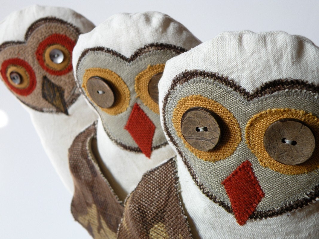 Handmade vintage linen owl plushie READY TO SHIP
