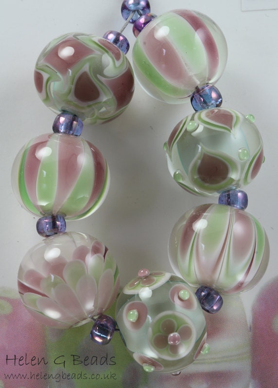 Green and Purple Lampwork Bead Set Handmade in the UK SRA FHFteam Y3