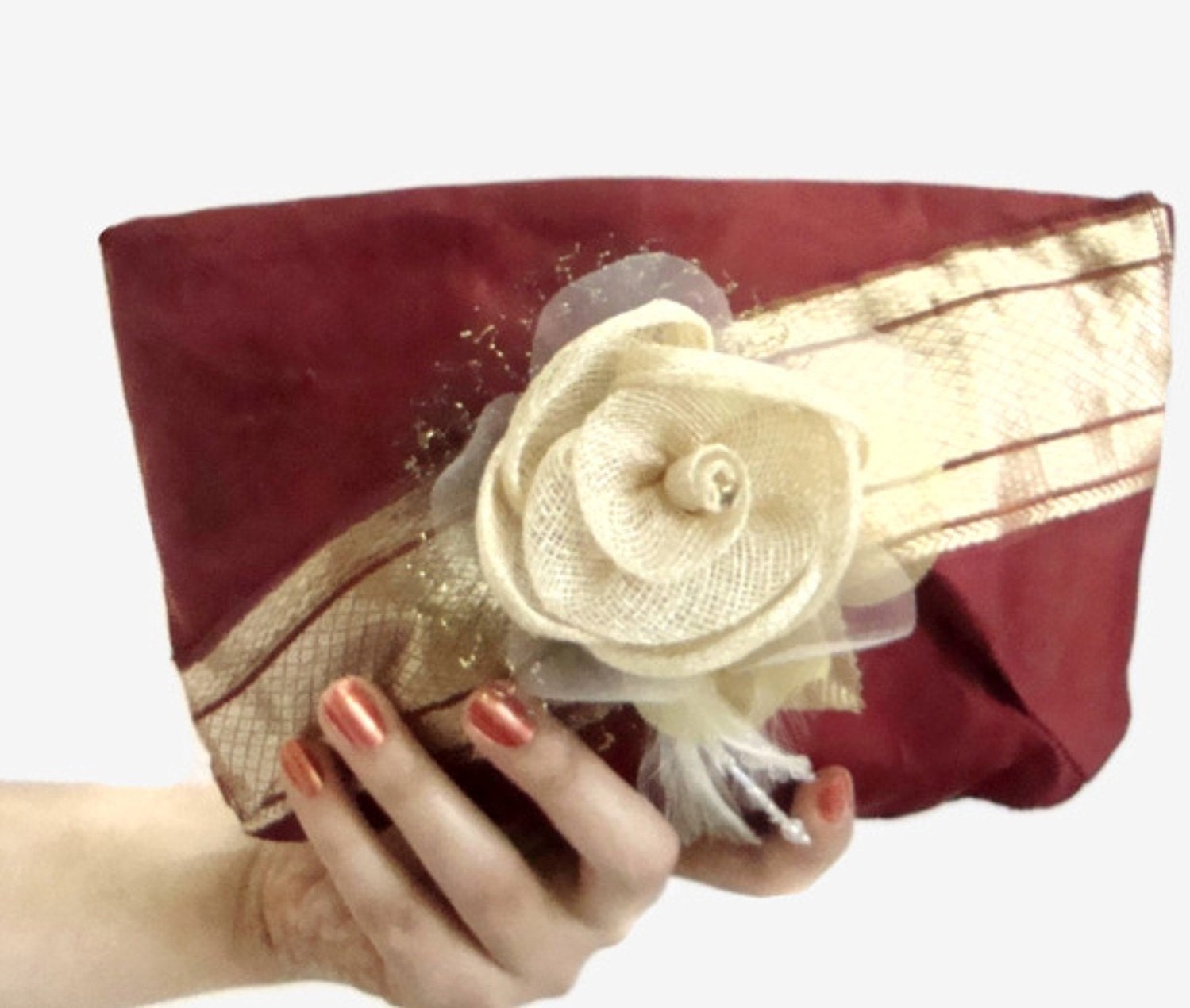 Wedding Clutch Purse Silk Garnet Red Gold