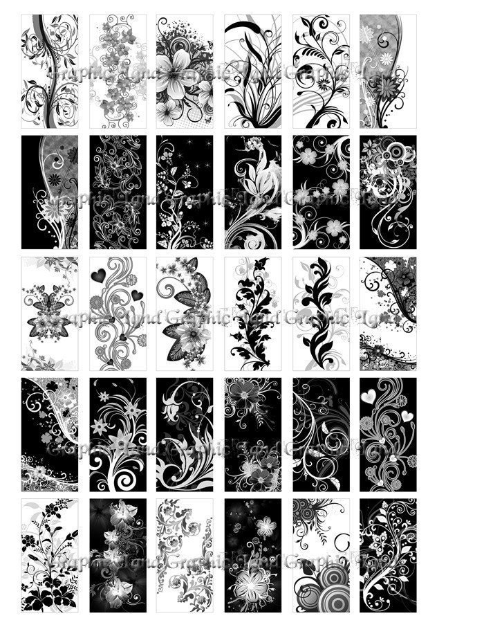 Digital collage sheet domino tile download art jewelry making paper supplies printable black white floral swirl (073) BUY 3 GET 1 FREE